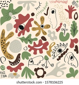 Seamless background. Set of hand drawn different shapes and doodle objects. Leaves, faces, abstract modern geometric trendy vector illustration.