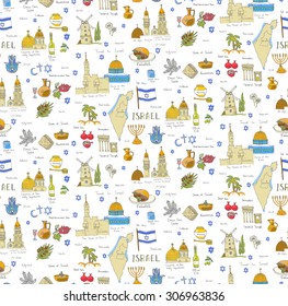 Seamless background, set of hand drawn Israel icons, Jewish sketch illustration, doodle elements, Isolated national elements made in vector. Travel to Israel icons for cards and web pages