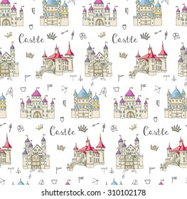 Seamless background of set of hand drawn cartoon fairy tale castle icons, castle doodle vector sketch with set of fairytale, game icons - crossbow, arrow, knight helmet, flag,  crown