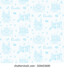 Seamless background of set of hand drawn cartoon fairy tale prince castle icons, castle doodle vector sketch with set of fairytale, game icons - crossbow, arrow, knight helmet, flag,  crown
