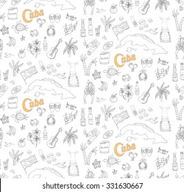 Seamless background Set of hand drawn Cuba icons, Cuban sketch illustration, doodle elements, Isolated national elements made in vector. Travel to Cuba icons for cards and web pages