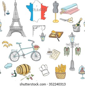 Seamless background set of hand drawn French icons, Paris sketch illustration, doodle elements Isolated national elements Vector Travel to France icons for cards and web pages Paris symbols collection