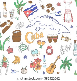 Seamless background Set of hand drawn Cuba icons Cuban sketch illustration Doodle elements Caribbean cartoon elements made in vector Travel to Cuba; background for cards and web pages