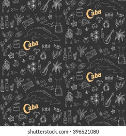 Seamless background Set of hand drawn Cuba icons Cuban sketch illustration Doodle elements Caribbean cartoon elements made in vector Travel to Cuba; background for cards and web pages