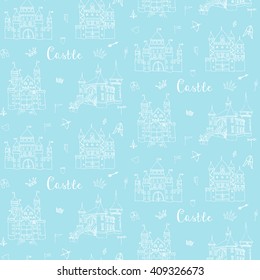 Seamless background of set of hand drawn cartoon fairy tale castle icons, castle doodle vector sketch with set of fairytale, game icons - crossbow, arrow, knight helmet, flag, crown Castle icons