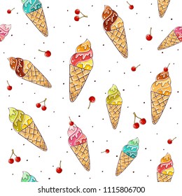 Seamless background  with set of Ice cream in waffle cone and cherry, illustration.