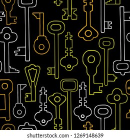 Seamless background from a set of keys from different doors on a black background.