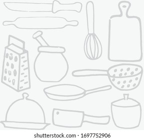 Seamless background. Set of kitchen accessories in doodle style, isolated