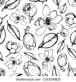 seamless background of a set of Magnolia elements in black and white