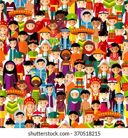 Seamless background with set of multicultural national children.
Seamless background of international people in traditional costumes .