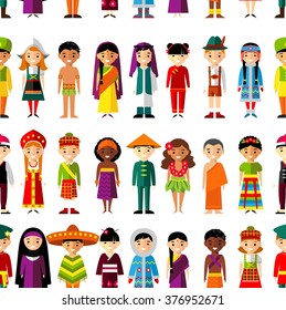 Seamless background with set of multicultural national children. Seamless background of international people in traditional costumes .