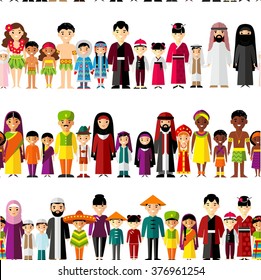 Seamless background with set of multicultural national family. Seamless background of international family in traditional costumes. Generations man and woman.  