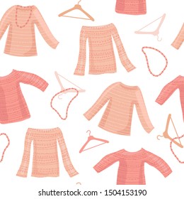 Seamless background of a set of pink warm clothes with ornament. Women`s knitted sweaters, hangers and necklaces in vector for fashion magazines and shops. Endless pattern.