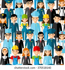 Seamless background with set of profession people icons.
Seamless background occupation avatars in colorful style.
