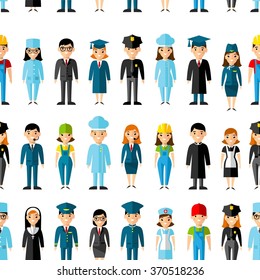 Seamless background with set of profession people icons.
Seamless background occupation avatars in colorful style.
