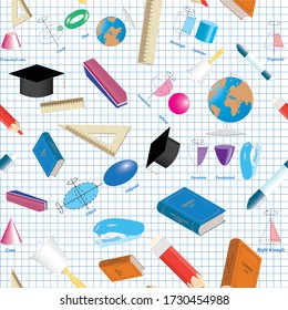 Seamless background. Set of school equipment icons. Vector illustration