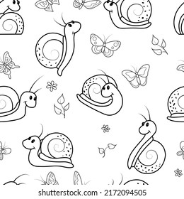 Seamless background, set of snails, butterflies and leaves. Children coloring book, vector.