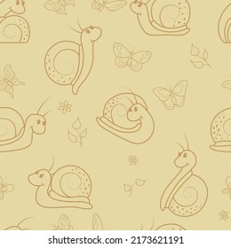 Seamless background, set of snails, butterflies and leaves. Children vintage color, brown.