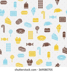 Seamless background. Set of sweets. Style flat. Vector illustration.