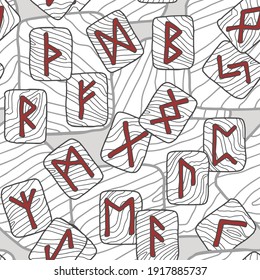 Seamless background. Set of wooden runes. Futhark. Ancient Germans and Scandinavians write. Mystical, esoteric, occult, magical symbols. Fortune telling, prediction of the future. Vector illustration 