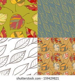 Seamless background set with yellow, orange and red autumn leaves. Four Fall patterns wallpapers. Good for web, print, wrapping paper.