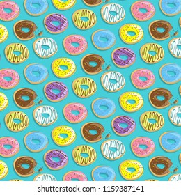 Seamless background  of seven sweet donuts.