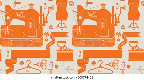 Seamless background with sewing and tailoring symbols.