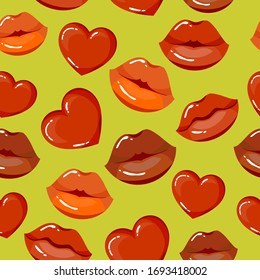 Fondo impecable con labios y corazones sensuales.Dibujo vectorial. Para cartas románticas, saludos, para el Día de San Valentín.
