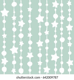 Seamless background with shabby beads and stars on turquoise background. White String with balls and stars. Vector illustration. Cute stars.
