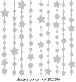 Seamless background with shabby beads and stars on white  background.Grey String with balls and stars. Vector illustration. Cute stars.