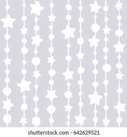 Seamless background with shabby beads and stars on light violet  background. White String with balls and stars. Vector illustration. Cute stars.