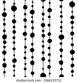 Seamless background with shabby hand drawn beads. String with balls. Vector illustration. Black and white color.