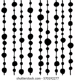 Seamless background with shabby hand drawn beads. String with balls. Vector illustration. Black and white color.