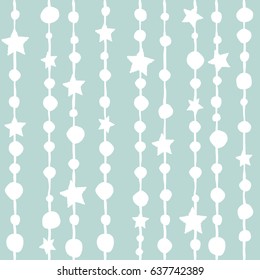 Seamless background with shabby hand drawn beads and stars. White String with balls and stars. Vector illustration. 