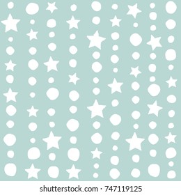 Seamless background with shabby hand drawn bubbles and stars. White String with balls and stars. Vector illustration.  Cosmos ornament. Magic sky texture