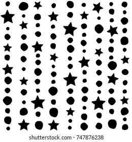 Seamless background with shabby hand drawn bubbles and stars on white background. White String with balls and stars. Vector illustration.  Cosmos ornament. Magic sky texture