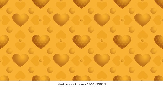 Seamless background in shades of gold with hearts on a yellow background. vector  