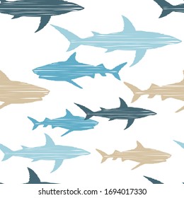 Seamless background with sharks. Predator in the sea. Vector illustration for web design or print.