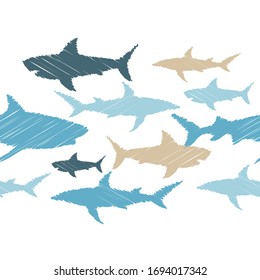 Seamless background with sharks. Predator in the sea. Vector illustration for web design or print.