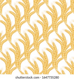 Seamless background, sheaves of golden wheat spike ear. Vector illustration cartoon flat icon isolated on white.