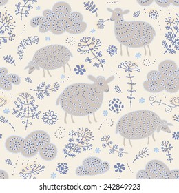 Seamless background with sheep, flowers and clouds. Vector pattern