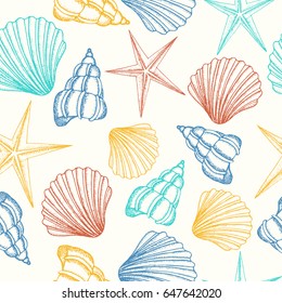 Seamless background with shells in color. Summer vector design. Seamless pattern can be used for pattern fills, wallpaper, web page background,surface textures.
