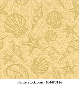 Seamless background with shells and starfishes on sandy beach. (vector)
