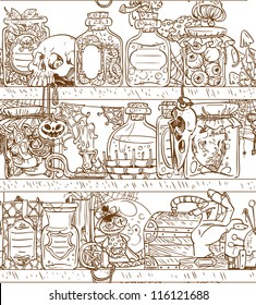 Seamless background shelves with Halloween witch paraphernalia