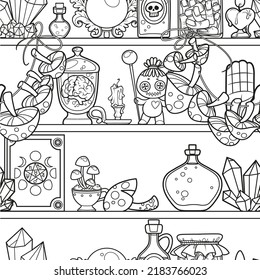 Seamless background shelves with magical things for witches and sorcerers