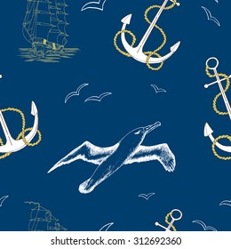 Seamless background with ship, anchor and gulls on blue, with hand drawn elements, transportation theme
