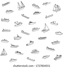 Seamless background of ships and boats. Barge and cargo ship, tanker, sailing vessel, cruise liner, tugboat, fishing and speed boat. Vector illustration