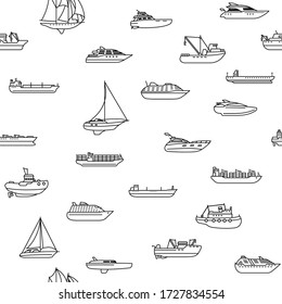 Seamless background of ships and boats. Barge and cargo ship, tanker, sailing vessel, cruise liner, tugboat, fishing and speed boat. Vector illustration