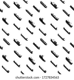 Seamless background of ships and boats. Barge and cargo ship, tanker, sailing vessel, cruise liner, tugboat, fishing and speed boat. Vector illustration