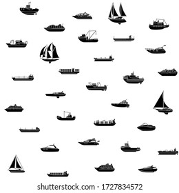 Seamless background of ships and boats. Barge and cargo ship, tanker, sailing vessel, cruise liner, tugboat, fishing and speed boat. Vector illustration